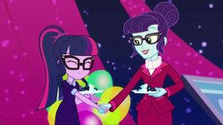 Size: 1920x1080 | Tagged: safe, screencap, rosette nebula, sci-twi, twilight sparkle, equestria girls, g4, my little pony equestria girls: better together, twilight under the stars, clothes, glasses, handshake, ponytail, skirt, skirt suit, suit