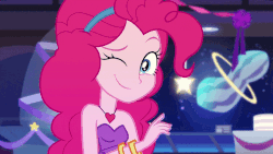 Size: 800x450 | Tagged: safe, screencap, pinkie pie, equestria girls, g4, my little pony equestria girls: better together, twilight under the stars, animated, bare shoulders, breaking the fourth wall, female, fourth wall, iris out, one eye closed, sleeveless, solo, stars, strapless, wink