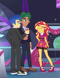 Size: 575x741 | Tagged: source needed, safe, screencap, flash sentry, sunset shimmer, timber spruce, equestria girls, equestria girls series, g4, twilight under the stars, spoiler:eqg series (season 2), clothes, converse, cropped, discussion in the comments, female, graveyard of comments, high heels, legs, male, mary janes, off topic in the comments, pants, shoes, skirt, smiling, sneakers, socks, striped socks, trio, tuxedo