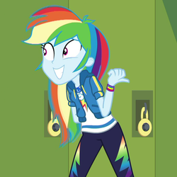 Size: 840x840 | Tagged: safe, screencap, rainbow dash, equestria girls, fomo, g4, my little pony equestria girls: better together, canterlot high, cropped, cute, dashabetes, female, geode of super speed, hallway, lockers, magical geodes, solo