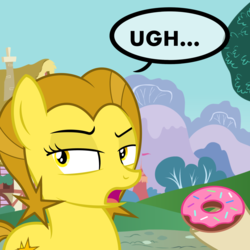 Size: 2500x2500 | Tagged: safe, artist:pizzamovies, oc, oc:golden star, oc:pizzamovies, earth pony, pony, annoyed, cutie mark, dialogue, donut, female, food, golden star loves donuts, goldenmovies, high res, male, mare, oc x oc, offscreen character, open mouth, ponyville, raised hoof, shipping, straight, tree
