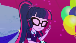 Size: 1920x1080 | Tagged: safe, screencap, sci-twi, twilight sparkle, equestria girls, g4, my little pony equestria girls: better together, twilight under the stars, atomic chocolate cake, balloon, cake, chocolate, chocolate cake, cute, female, food, glasses, ponytail, solo, twiabetes