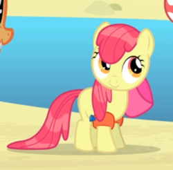 Size: 426x420 | Tagged: safe, screencap, apple bloom, applejack, granny smith, earth pony, pony, g4, leap of faith, adorabloom, apple bloom's bow, bow, cropped, cute, female, filly, floaty, hair bow, offscreen character, smiling, solo focus, trio, trio female, wet, wet mane, wet mane apple bloom