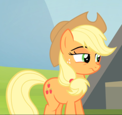 Size: 879x833 | Tagged: safe, screencap, applejack, earth pony, pony, g4, leap of faith, :s, cropped, female, freckles, mare, raised eyebrow, solo, suspicious, wavy mouth