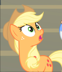 Size: 807x939 | Tagged: safe, screencap, applejack, earth pony, pony, g4, leap of faith, cropped, female, freckles, gasp, looking up, mare, open mouth, shocked, solo