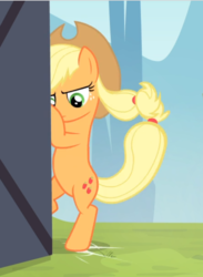 Size: 578x789 | Tagged: safe, screencap, applejack, earth pony, pony, g4, leap of faith, bipedal, cropped, female, freckles, landing, mare, sliding, solo