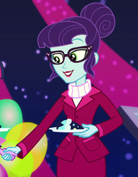 Size: 848x1080 | Tagged: safe, screencap, rosette nebula, sci-twi, twilight sparkle, equestria girls, g4, my little pony equestria girls: better together, twilight under the stars, atomic chocolate cake, cake, clothes, cropped, female, food, glasses, graveyard of comments, hair bun, handshake, offscreen character, skirt, smiling