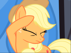 Size: 1241x940 | Tagged: safe, screencap, applejack, earth pony, pony, g4, leap of faith, cropped, eyes closed, female, freckles, mare, raised hoof, solo