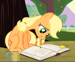 Size: 887x740 | Tagged: safe, screencap, applejack, earth pony, pony, g4, leap of faith, apple tree, bits, book, cropped, cup, cute, female, freckles, friendship journal, holding, mare, mouth hold, pencil, sitting, smiling, solo, tree, writing