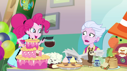 Size: 1920x1080 | Tagged: safe, screencap, pinkie pie, sour persimmon, wooyoo, dog, parakeet, equestria girls, five stars, g4, my little pony equestria girls: better together, background human, book, cake, camp everfree logo, clothes, coffee, coffee mug, cupcake, cute, diapinkes, dress, female, food, mug, obsession, overkill, pancakes, pie, pinkie being pinkie, ponytail, server pinkie pie, sleeping, traffic cone