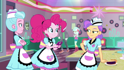 Size: 1920x1080 | Tagged: safe, screencap, lyra heartstrings, pinkie pie, sunny sugarsocks, tip top, track starr, equestria girls, five stars, g4, my little pony equestria girls: better together, apron, blueberry pie (food), cellphone, clothes, cute, diapinkes, doo wop, female, food, huggable, male, milkshake malt, phone, pie, record, server pinkie pie, shop, smartphone, waitress