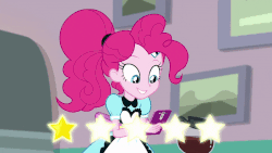 Size: 800x450 | Tagged: safe, screencap, pinkie pie, equestria girls, equestria girls series, five stars, g4, spoiler:eqg series (season 2), animated, apron, clothes, customer rating, female, four stars, rating, sad, server pinkie pie, shop, sweet snacks cafe, waitress, when she doesn't smile