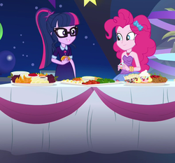 Size: 794x741 | Tagged: safe, screencap, pinkie pie, sci-twi, twilight sparkle, equestria girls, g4, my little pony equestria girls: better together, twilight under the stars, clothes, cropped, female, food, glasses, ponytail, smiling