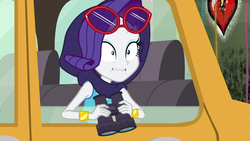 Size: 1920x1080 | Tagged: safe, screencap, rarity, equestria girls, fomo, g4, my little pony equestria girls: better together, binoculars, bracelet, clothes, jewelry, lip bite, marshmelodrama, rarity being rarity, shawl, shocked, shocked expression, spying, sunglasses, taxi