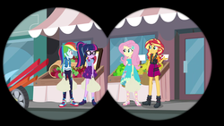 Size: 1920x1080 | Tagged: safe, screencap, fluttershy, rainbow dash, sci-twi, sunset shimmer, twilight sparkle, equestria girls, fomo, g4, my little pony equestria girls: better together, bags, female, geode of empathy, geode of fauna, geode of super strength, geode of telekinesis, glasses, magical geodes, ponytail