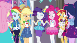 Size: 800x450 | Tagged: safe, screencap, applejack, fluttershy, opalescence, pinkie pie, rainbow dash, rarity, sci-twi, spike, spike the regular dog, sunset shimmer, twilight sparkle, cat, dog, equestria girls, fomo, g4, my little pony equestria girls: better together, :3, animated, blushing, female, gang hape, geode of shielding, geode of sugar bombs, geode of super speed, geode of super strength, group hug, hape, hug, humane five, humane seven, humane six, magical geodes, personal space invasion, rarity's bedroom