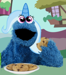 Size: 2511x2829 | Tagged: safe, edit, trixie, g4, chocolate chip, chocolate chip cookie, cookie, cookie monster, derp, female, food, high res, horn, looking at you, majestic as fuck, sesame street, solo, wat