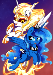 Size: 3508x4961 | Tagged: safe, artist:saralien, daybreaker, princess luna, alicorn, pony, galacon, g4, chest fluff, cute, duo, female, flying, mare, open mouth, sky, spread wings, stars, wings