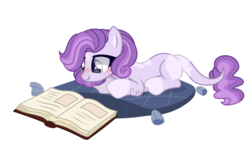 Size: 1280x751 | Tagged: dead source, safe, artist:moon-rose-rosie, oc, oc only, oc:esmeralda persephone, dracony, hybrid, book, female, interspecies offspring, offspring, parent:rarity, parent:spike, parents:sparity, pillow, prone, simple background, solo, transparent background