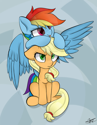 Size: 1250x1600 | Tagged: safe, artist:starmaster, applejack, rainbow dash, earth pony, pegasus, pony, g4, :p, climbing on head, duo, duo female, female, grumpy, grumpy dash, hug, lesbian, mare, ship:appledash, shipping, simple background, spread wings, tongue out, wings
