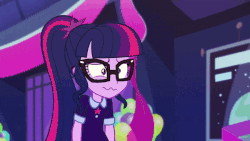 Size: 800x450 | Tagged: safe, screencap, pinkie pie, sci-twi, twilight sparkle, equestria girls, g4, my little pony equestria girls: better together, twilight under the stars, :t, adorkable, animated, bare shoulders, clothes, cute, dork, female, glare, glasses, lidded eyes, nervous, ponytail, raised eyebrow, sleeveless, smiling, smirk, strapless, thinking, walking, wavy mouth, wide eyes