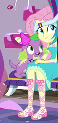 Size: 262x554 | Tagged: safe, screencap, fluttershy, rainbow dash, spike, spike the regular dog, dog, equestria girls, equestria girls series, fomo, g4, spoiler:eqg series (season 2), clothes, cropped, dress, feet, female, hat, male, offscreen character, party hat, paws, sandals, smiling