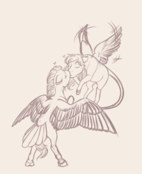 Size: 2040x2504 | Tagged: safe, artist:blackblood-queen, oc, oc only, oc:daniel dasher, oc:singe, dracony, hybrid, pegasus, pony, cloven hooves, couple, eyes closed, flying, gay, heart, high res, kissing, male, monochrome, oc x oc, shipping, simple background, sketch, stallion, tail feathers
