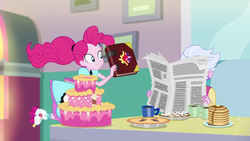 Size: 1920x1080 | Tagged: safe, screencap, pinkie pie, equestria girls, five stars, g4, my little pony equestria girls: better together, background human, book, cake, clothes, cupcake, cute, dress, female, food, pancakes, pie, ponytail, server pinkie pie