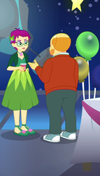 Size: 462x810 | Tagged: safe, screencap, grassy knoll (g4), thick coat, equestria girls, equestria girls series, g4, twilight under the stars, spoiler:eqg series (season 2), background human, bald, balloon, clothes, cropped, dress, female, glasses, male, male pattern baldness, pants, shoes, sneakers