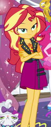 Size: 398x997 | Tagged: safe, screencap, opalescence, pinkie pie, sunset shimmer, cat, equestria girls, equestria girls series, fomo, g4, spoiler:eqg series (season 2), clothes, cropped, crossed arms, cute, female, geode of empathy, jacket, legs, lidded eyes, looking at you, magical geodes, offscreen character, shimmerbetes, skirt, smiling