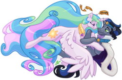 Size: 1516x995 | Tagged: safe, artist:kahootkin, idw, king sombra, princess celestia, alicorn, pony, unicorn, g4, reflections, spoiler:comic, always, cape, clothes, crossed horns, digital art, female, good king sombra, horn, horns are touching, jewelry, looking at each other, male, mare, peytral, regalia, ship:celestibra, shipping, simple background, smiling, stallion, straight, transparent background