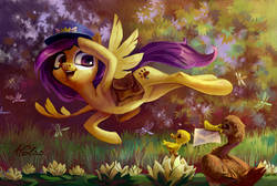 Size: 1024x690 | Tagged: safe, artist:holivi, oc, oc only, dragonfly, duck, pegasus, pony, animal, armpits, complex background, digital art, female, flying, forest, letter, lilypad, mare, not fluttershy, open mouth, postman's hat, saddle bag, scenery, smiling, solo, spread wings, waving, wings