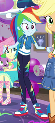 Size: 411x919 | Tagged: safe, screencap, applejack, fluttershy, rainbow dash, spike, spike the regular dog, dog, equestria girls, equestria girls series, fomo, g4, spoiler:eqg series (season 2), clothes, converse, female, geode of fauna, geode of super speed, magical geodes, offscreen character, pants, sandals, shoes, smiling, sneakers