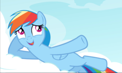Size: 1538x922 | Tagged: safe, screencap, rainbow dash, pegasus, pony, g4, testing testing 1-2-3, cloud, cute, dashabetes, female, hooves behind head, mare, on a cloud, on side, open mouth, solo