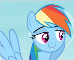 Size: 1165x942 | Tagged: safe, screencap, rainbow dash, pegasus, pony, g4, testing testing 1-2-3, cropped, female, lidded eyes, mare, smiling, solo, spread wings, wings