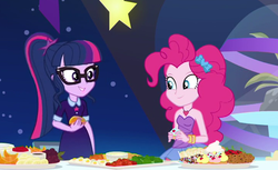 Size: 725x443 | Tagged: safe, screencap, pinkie pie, sci-twi, twilight sparkle, equestria girls, equestria girls series, g4, twilight under the stars, spoiler:eqg series (season 2), bare shoulders, cropped, female, food, glasses, hors d'oeuvre, ponytail, sleeveless, smiling, strapless