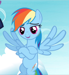 Size: 860x940 | Tagged: safe, screencap, rainbow dash, pegasus, pony, testing testing 1-2-3, cropped, crossed arms, crossed hooves, female, flying, lidded eyes, mare, open mouth, smiling, solo, spread wings, wings