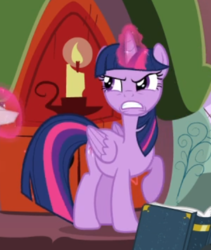 Size: 390x462 | Tagged: safe, screencap, twilight sparkle, alicorn, pony, g4, testing testing 1-2-3, angry, book, cropped, female, glowing horn, golden oaks library, gritted teeth, horn, mare, narrowed eyes, solo, twilight sparkle (alicorn)