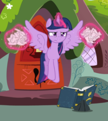 Size: 610x687 | Tagged: safe, screencap, twilight sparkle, alicorn, pony, g4, testing testing 1-2-3, book, cropped, female, flying, glowing horn, golden oaks library, horn, levitation, magic, mare, paper, solo, spread wings, telekinesis, twilight sparkle (alicorn), twilight sparkle is not amused, unamused, wings