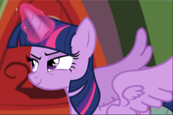 Size: 1405x941 | Tagged: safe, screencap, twilight sparkle, alicorn, pony, g4, testing testing 1-2-3, cropped, female, glowing horn, golden oaks library, horn, lidded eyes, mare, smiling, smirk, solo, spread wings, twilight sparkle (alicorn), wings