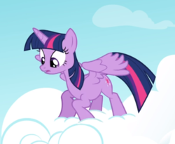 Size: 647x530 | Tagged: safe, screencap, twilight sparkle, alicorn, pony, g4, testing testing 1-2-3, cloud, cropped, female, mare, solo, spread wings, standing on a cloud, twilight sparkle (alicorn), wings