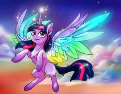 Size: 1290x1000 | Tagged: safe, artist:joselyn565, twilight sparkle, alicorn, pony, rainbow roadtrip, chest fluff, cloud, colored wings, cute, female, flying, leg fluff, mare, multicolored wings, rainbow wings, sky, solo, spread wings, twiabetes, twilight sparkle (alicorn), wing bling, wings
