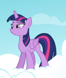 Size: 503x591 | Tagged: safe, screencap, twilight sparkle, alicorn, pony, g4, testing testing 1-2-3, cropped, female, lidded eyes, mare, smug, solo, standing on a cloud, twilight sparkle (alicorn)