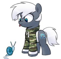 Size: 879x851 | Tagged: safe, artist:airctic, oc, oc only, oc:airctic, earth pony, pony, snail, :p, clothes, cute, female, filly, hoodie, military, silly, tongue out