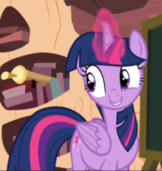 Size: 750x791 | Tagged: safe, screencap, twilight sparkle, alicorn, pony, g4, testing testing 1-2-3, cropped, cute, female, glowing horn, golden oaks library, horn, mare, smiling, solo, twiabetes, twilight sparkle (alicorn)