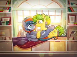 Size: 1994x1483 | Tagged: safe, artist:rish--loo, artist:rish_loo, oc, oc only, oc:doge, oc:oasis, earth pony, pegasus, pony, g4, blanket, blushing, book, bookshelf, collar, cottagecore, cuddling, cute, female, lamp, lesbian, looking at each other, mare, oc x oc, on top, picture, picture frame, pillow, shelf, shipping, show accurate, sun, sunlight, window