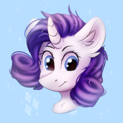 Size: 3000x3000 | Tagged: safe, artist:lilclim, rarity, pony, unicorn, g4, blue background, bust, chest fluff, cute, diamond, ear fluff, female, high res, messy mane, portrait, raribetes, simple background, solo