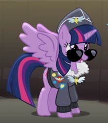 Size: 809x919 | Tagged: safe, screencap, commander easy glider, twilight sparkle, alicorn, pony, g4, testing testing 1-2-3, badge, clothes, cropped, female, glasses, hat, jacket, mare, open mouth, solo, spread wings, sunglasses, twilight sparkle (alicorn), wings