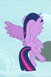Size: 626x939 | Tagged: safe, screencap, twilight sparkle, alicorn, pony, g4, testing testing 1-2-3, cloud, cropped, female, flying, mare, rear view, solo, spread wings, twilight sparkle (alicorn), underhoof, wings