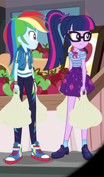 Size: 381x648 | Tagged: safe, screencap, rainbow dash, sci-twi, twilight sparkle, equestria girls, equestria girls series, fomo, g4, spoiler:eqg series (season 2), bags, clothes, converse, female, geode of super speed, geode of telekinesis, glasses, legs, magical geodes, pants, ponytail, shoes, skirt, smiling, sneakers, socks